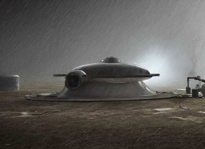 Image similar to engineer repairs special flying saucer full of modern military equipment, in the hall of area 55, high detail, ground fog, wet reflective ground, saturated colors, by Darek Zabrocki, render Unreal Engine-H 1500