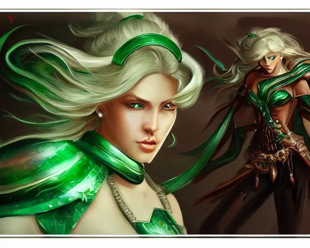 Prompt: A blonde emerald warrior, HD, illustration, epic, fantasy, intricate, elegant, amazing detail, digital painting, artstation, concept art, smooth, sharp focus, illustration, art by Tony Sart