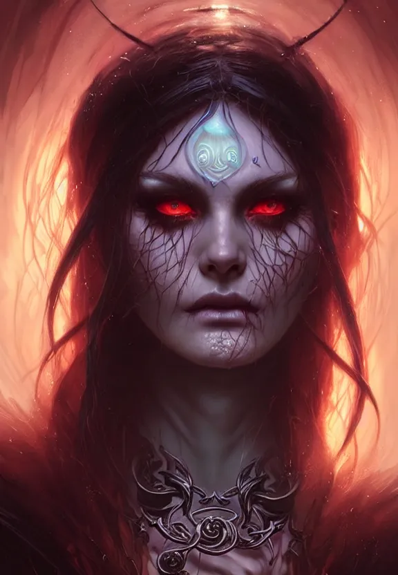 Image similar to Necromancer Sorceress face close-up macro in center, fantasy magic, undercut hairstyle, dark light night, intricate, elegant, sharp focus, illustration, highly detailed, digital painting, concept art, matte, art by WLOP and Artgerm and Greg Rutkowski and Alphonse Mucha, masterpiece