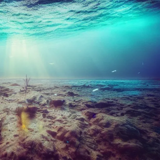 Image similar to ocean floor, landscape, night, glow in dark, by wlop, cinematic, wildlife photography, dark, light rays