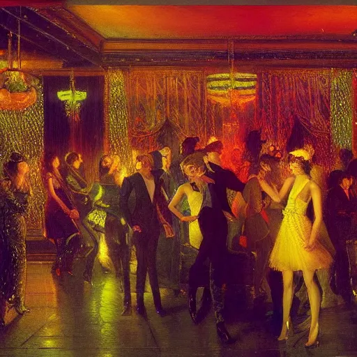 Prompt: young people in a fancy nightclub dancing and drinking, partylights, great colors, in the style of john atkinson grimshaw, trending on artstation