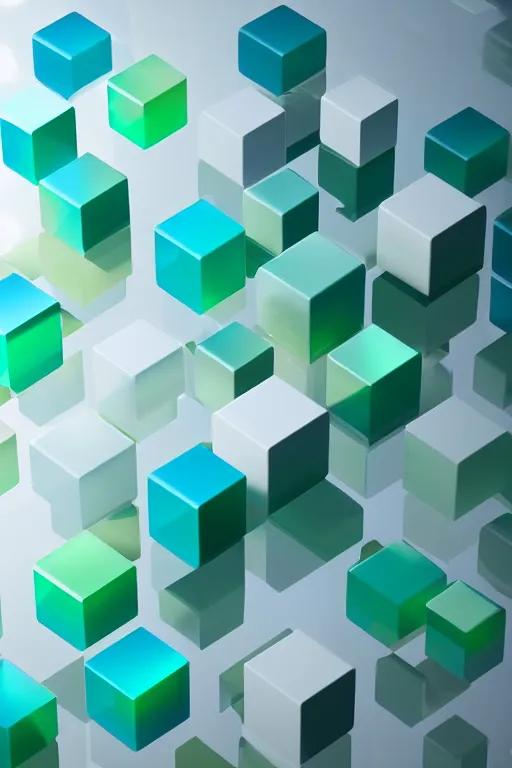 Prompt: high quality 3 d render of minimal abstract green and blue gradient geometric cubes floating in a white space with watery reflecting glass materials, matte colorful gradients, unreal engine octane render raytracing, diffuse light