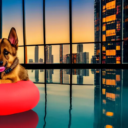 Prompt: A portrait of a GSD puppy enjoying a cosmopolitan cocktail while floating on an inflatable flamingo in swimming pool of a rooftop luxury penthouse at night, muted water reflections, low energy background city lights, stunning, 8K HQ