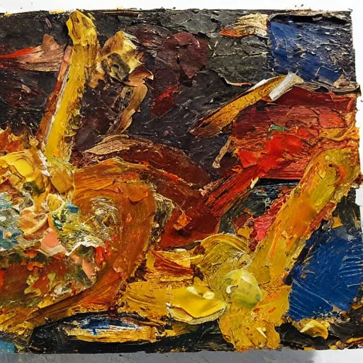 Image similar to oil paint impasto relief, beautiful random collage, multi layered thick brush marks, some splattered paint, in the style of ivan shishkin and frank auerbach and van gogh