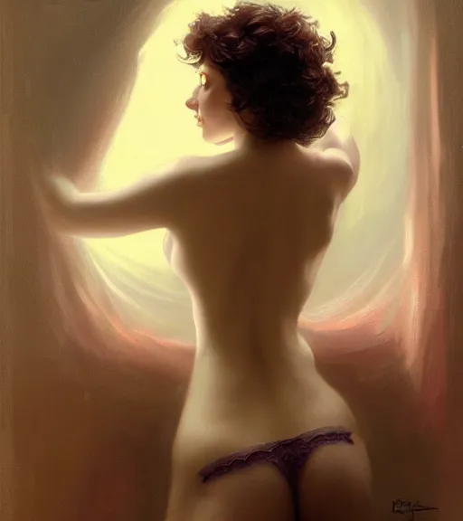 Prompt: hygge bedroom, rgb, thin, model, short black curly hair, round face, laced lingerie, amazing lush composition & dynamic posing, by franz xavier leyendecker, wlop! muted colors, highly detailed, fantasy art by craig mullins, thomas kinkade cfg _ scale 9