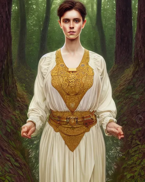Image similar to symmetry portrait of welsh brunette princess in mans tunic, tomboy, short hair, forest background, intricate, elegant, highly detailed, digital painting, artstation, concept art, smooth, sharp focus, illustration, art by artgerm and greg rutkowski and fra angelico and alphons mucha