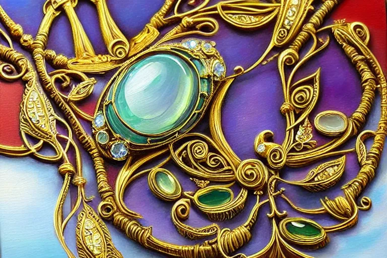 Image similar to highly detailed oil painting, very realistic gemstones, art nouveau, ornate, delicate, brilliant precious gemstones necklace, dramatic light,
