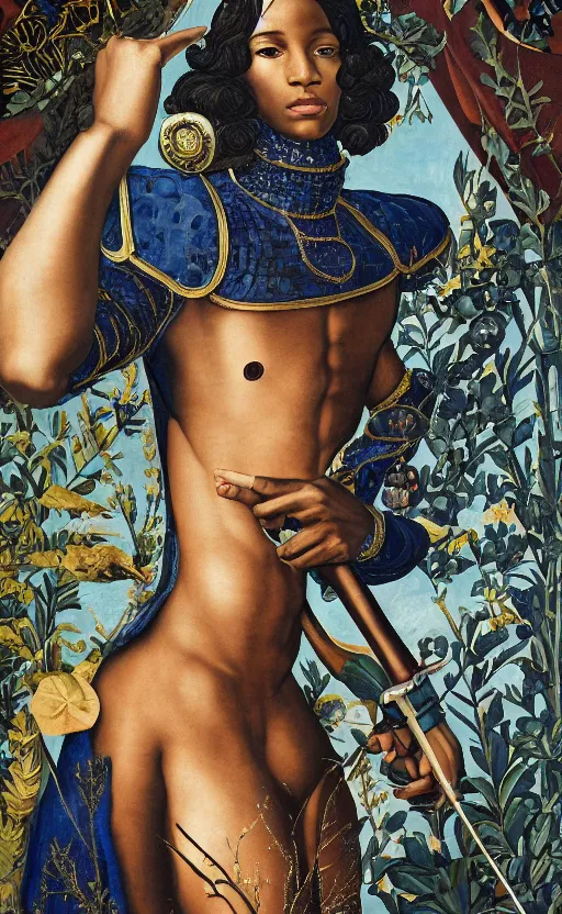 Image similar to beautifully painted mural of a stunning young black cyborg prince in ornate royal fabric, piercing glowing eyes, sci fi scenery, vogue cover poses, mural in the style of sandro botticelli, caravaggio, albrecth durer