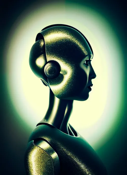 Image similar to a beautiful young female futuristic robot profile face photo, daguerrotype, closeup - view, f / 2. 8, low contrast, 1 6 k, beautiful lighting, reflective, insanely detailed and intricate, hypermaximalist, elegant, ornate, hyper realistic, super detailed, surreal dreamy poetic