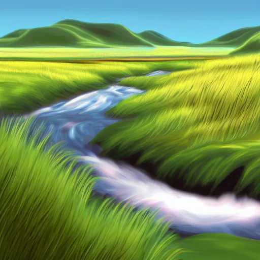 Prompt: digital art painting of a river running through the plains, very mediocre, not detailed at all.