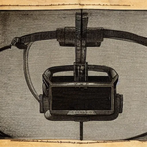 Image similar to Vintage, detailed, sketch of Oculus Rift, with full descriptions, on parchment, as depicted in Leonardo da Vinci's Codex Atlanticus