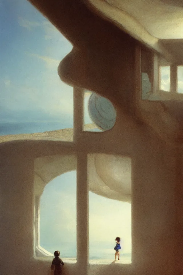 Prompt: painting of a giant seashell house, a young girl stares from the balcony, by john harris, atmospheric, concept art