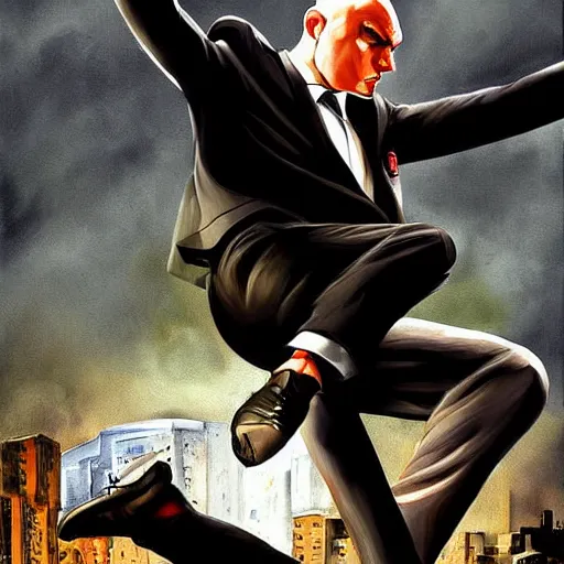 Prompt: agent 4 7 drop kicks battler off top of the cell, realist painting