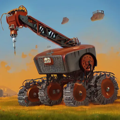 Image similar to giant scary quadrupedal mining machine with drill, four legs, highly detailed body, retro, industrial, in the style of simon stalenhag