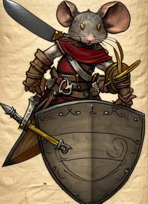 Image similar to a heroic mouse knight with sword and shield on a parchment background, redwall, greg rutowski and jean baptiste monge, detailed, epic fantasy concept art