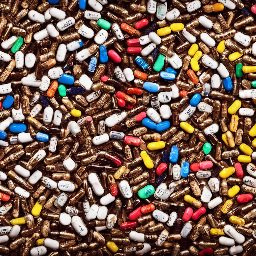 Prompt: close-up view of medicine pills on top of a wooden table, 8k, high detail, photorealistic, proper shading