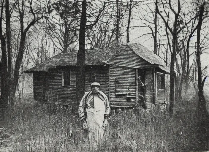 Image similar to sinister black and white old photography of a small house in the woods. a man standing still outside. daguerreotype photo