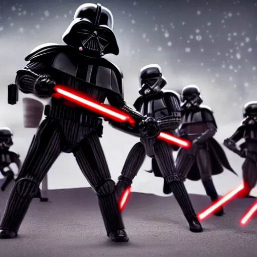 Image similar to A bunch of little Darth Vaders attacking a Star Wars stormtrooper, realism, depth of field, focus on darth vader,