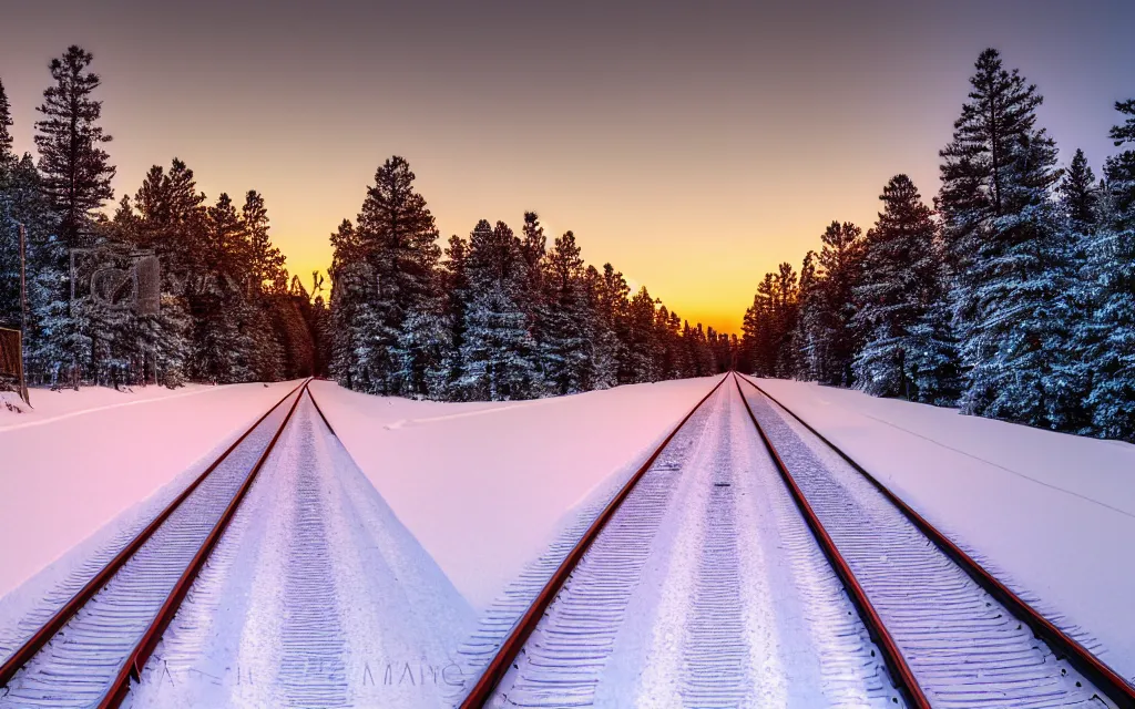 Prompt: perspective looking down a long train track in the snow in winter with calm snow falling, pine trees line the train tracks on either side, desolate and calm winter landscape scene looking down train tracks into the horizon, faint sun setting orange and pinks and purples in the grey snow glistening, 4 k photorender realityengine hyperdetailed vivid