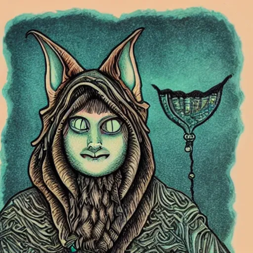 Prompt: beautiful wise goblin with giant soft dreamy eyes. Fine detailed colored ink drawing blotter art.