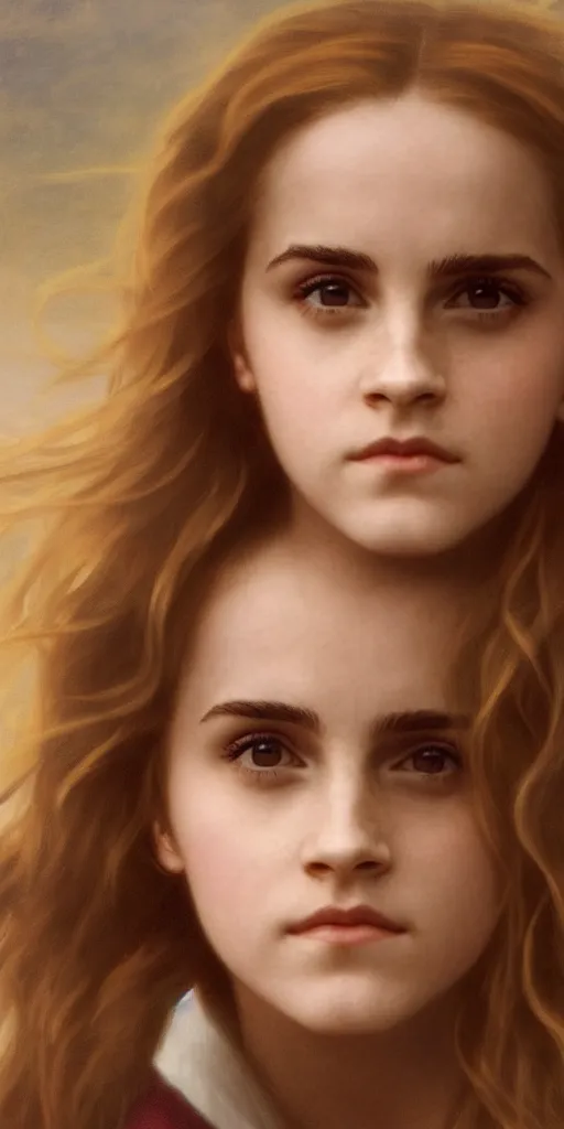 Image similar to photo photorealistic portrait photograph of Emma Watson as Hermione Granger. william adolphe bouguereau. During golden hour. soft light Extremely detailed. detailed photograph Beautiful. 4K. Award winning.