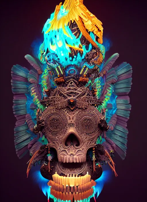 Image similar to 3 d shaman with tattoos profile portrait, sigma 5 0 0 mm f / 5. beautiful intricate highly detailed quetzalcoatl skull and feathers. bioluminescent, plasma, lava, ice, water, wind, creature, thunderstorm! artwork by tooth wu and wlop and beeple and greg rutkowski, 8 k trending on artstation,