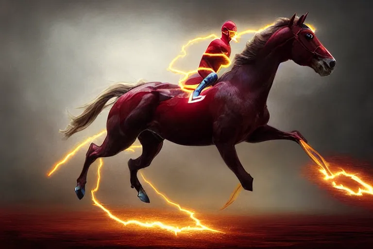 Image similar to a stunning digital painting of a horse as the flash in costume running in the speedforce by greg rutkowski, volumetric light, digital art, fine detail, photorealistic