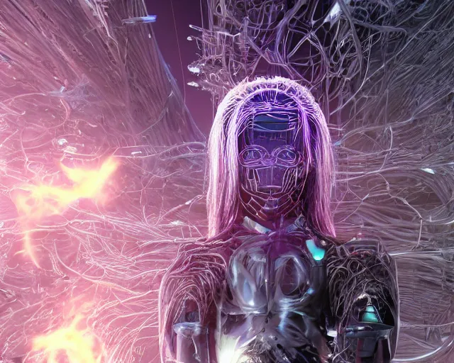 Image similar to glowing hair, complex cybernetic beings, beautiful hairy humanoids, cybermagnetosphere, cybernetic civilizations, ornate hair, love, joy, vortexes, large arrays, data holograms, 8 k, cinematic light shadows, wet hdr refractions, *, * * *, * * * * *