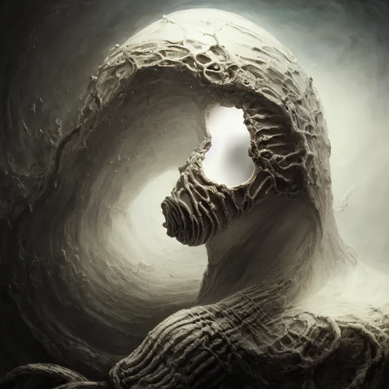 Prompt: portrait of white faceless man wearing white ribbed white scorpio as mask, wastelands on white exoplanet, baroque portrait painting, beautiful intricate insanely detailed octane render, artstation, 8 k artistic harsh flash photography, photorealistic, volumetric perfect light, chiaroscuro, raphael, caravaggio, beksinski, rutkowski, giger