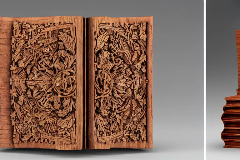 Image similar to a book carved out of wood, wooden book, 3d render, octane render, CGSociety, CGI, 3d model, studio lighting, 8k, wood carving