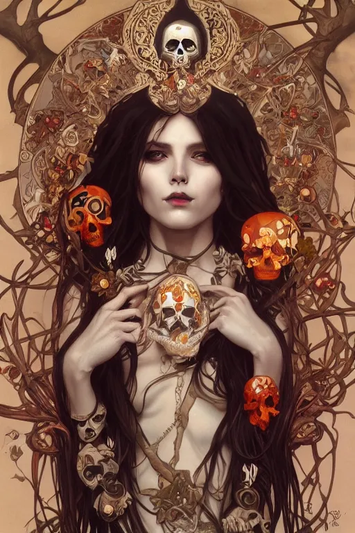 Prompt: a painting of a beautiful death goddess, adorned with skulls and bones, full face, full body, by artgerm and Alphonse Mucha, highly detailed, octane trending on artstation