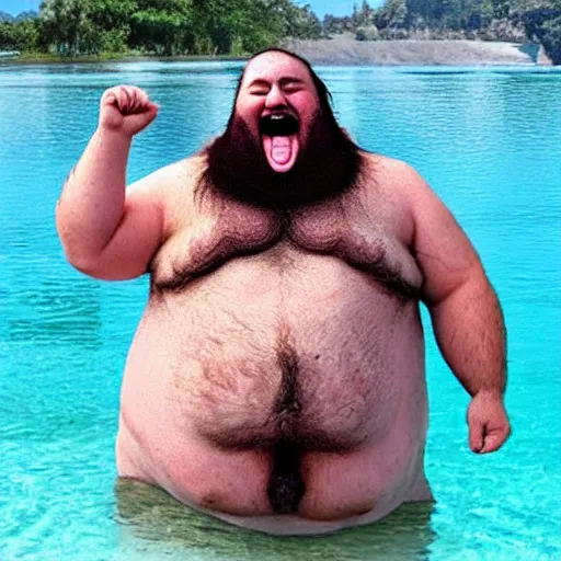 Image similar to a leaked photo of a screaming, hairy, fat man wearing a swimsuit holding the worlds largest toad