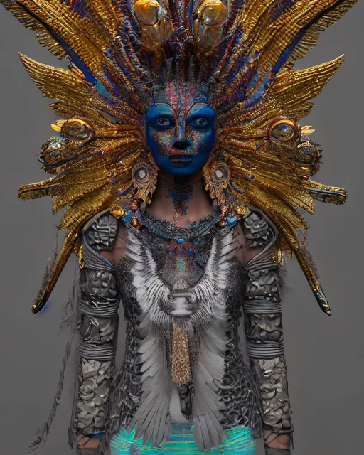 Image similar to 3 d warrior goddess medium shot portrait. beautiful hyperrealistic intricate highly detailed magpie helm and richly embroidered blouse, quetzalcoatl, bioluminescent, curious, kintsugi, plasma, lava, ice, feather, artwork by tooth wu and wlop and chiara bautista, octane 3 d render