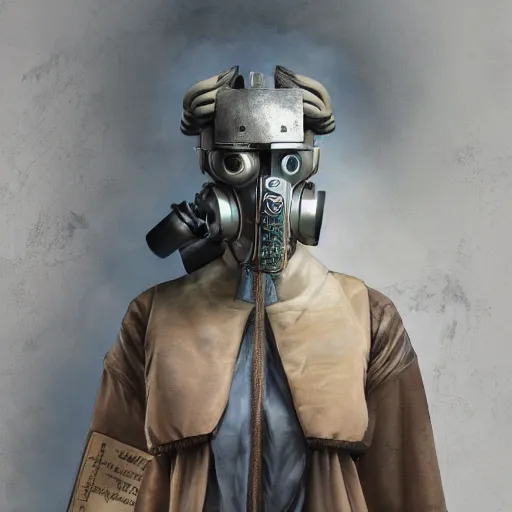 Prompt: japanese solarpunk curator in an art gallery with extremely detailed respirators and head gear, inspired by die antwoord beautiful, hand painted textures, cloth physics, deviantart, karol bak, masamune shirow, black and white, photorealistic, concept art, perfect render, 3 d render, pixar, 8 k