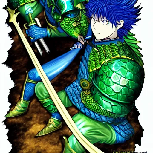 Image similar to dragon fight vs knight in green car with blue armor and a gold sword, berserk, manga