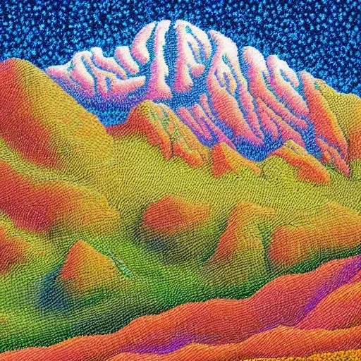 Image similar to A beautiful Mountain Range in the Style of Pointilism, masterpiece, oil painting scan 4k