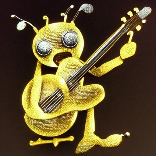 Image similar to 3d bee made of metal, shiny, george harrison, playing guitar onstage