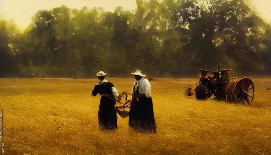 Image similar to simple amish farmers shocking hay in open fields, art by anders zorn, wonderful masterpiece by greg rutkowski, beautiful cinematic light, american romanticism thomas lawrence, greg rutkowski