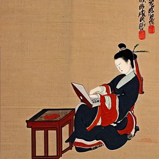 Prompt: the Chinese ancient painting of a lady playing laptop in Tang Dynasty , by Han Xizai