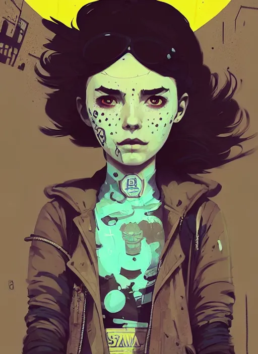 Image similar to highly detailed portrait of a sewer punk young lady by atey ghailan, james gilleard, by joe fenton, by greg rutkowski, by greg tocchini, by kaethe butcher, 4 k resolution, gradient yellow, black, brown and cyan color scheme, grunge aesthetic!!! ( ( dystopian graffiti tag wall in background ) )
