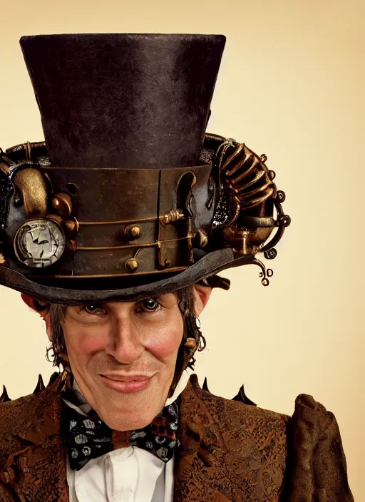 Prompt: closeup portrait of a steampunk medieval goblin wearing a top hat, depth of field, zeiss lens, detailed, symmetrical, centered, fashion photoshoot, by Annie Leibovitz and Steve McCurry, David Lazar, Jimmy Nelsson, Breathtaking, 8k resolution, extremely detailed, beautiful, establishing shot, artistic, hyperrealistic, beautiful face, octane render