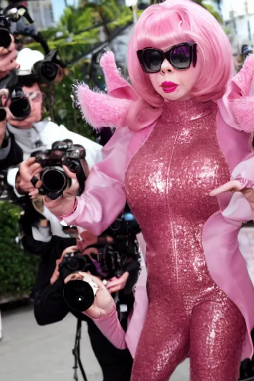 Prompt: Angelyne shoos away paparazzi holding cameras with salami lenses