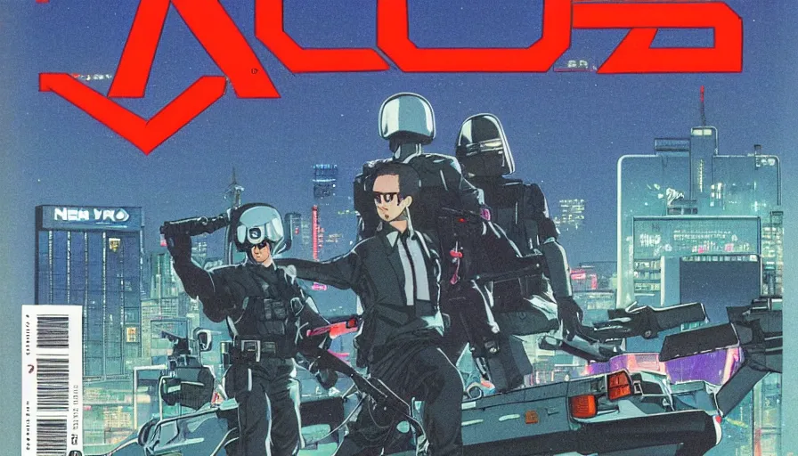 Prompt: 1989 OMNI Magazine Cover Illustration of neo-Tokyo bank robbery movie, Bank Robbery, Anime, Highly Detailed, Special Forces Security, Searchlights, Boat Dock, Special Agent, Water, Akira Color Palette, Inspired by Akira + MGS2 + FLCL, 8k :4 by Vincent Di Fate + Arc System works + Katsuhiro Otomo : 8