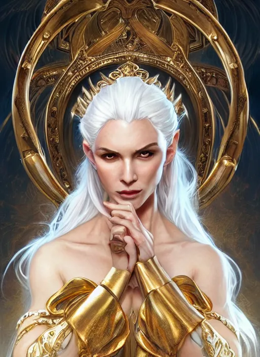 Image similar to fullbody!! dynamic movement pose, beautiful woman with white hair, big natural horns on her head, gold jewellery, dnd, face, fantasy, intricate, elegant, highly detailed, digital painting, artstation, concept art, smooth, sharp focus, illustration, art by artgerm and greg rutkowski and alphonse mucha