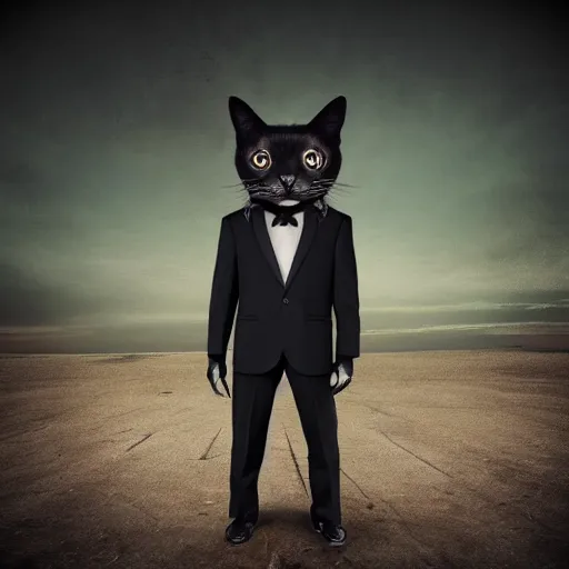 Image similar to darksynth portrait anthropomorphic cat, wearing black business suit, post apocalyptic cinematic photorealistic background, still