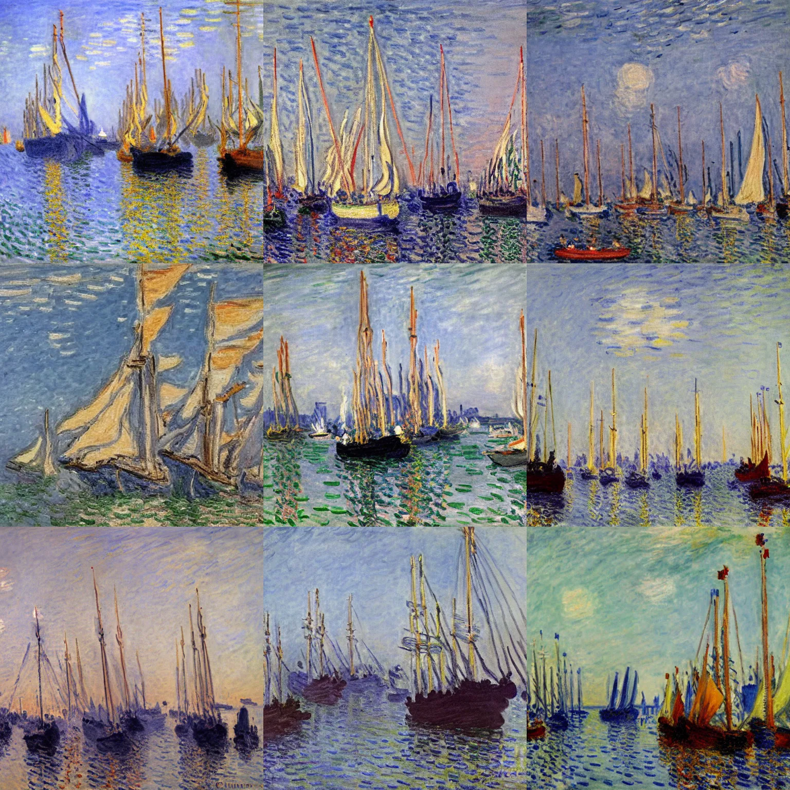 Prompt: a master gouache painting of a group of ships docked at the harbor, group mass composition, by claude monet