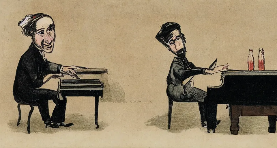 Prompt: a caricature of a man playing a piano