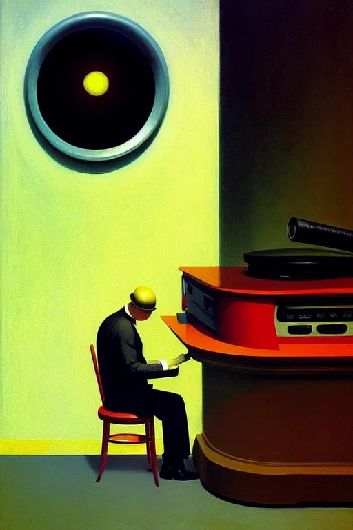 Prompt: a big eye in the television watching a man working, edward hopper and james gilleard zdzislaw beksisnski higly detailed