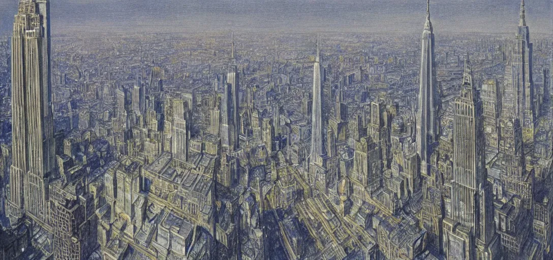 Prompt: Landscape of New York City in the year 2050 by Alan Lee