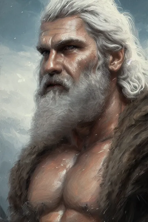 Image similar to photo portrait of rugged zeus, god of thunder, greek god, white hair, masculine, mature, handsome, upper body, muscular, hairy chest, fantasy, intricate, elegant, highly detailed, digital painting, artstation, concept art, smooth, sharp focus, illustration, art by gaston bussiere and greg rutkowski